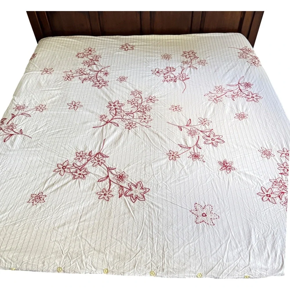 Pottery Barn Embroidered Floral Pinstripe Queen Duvet Cover Red White Cotton